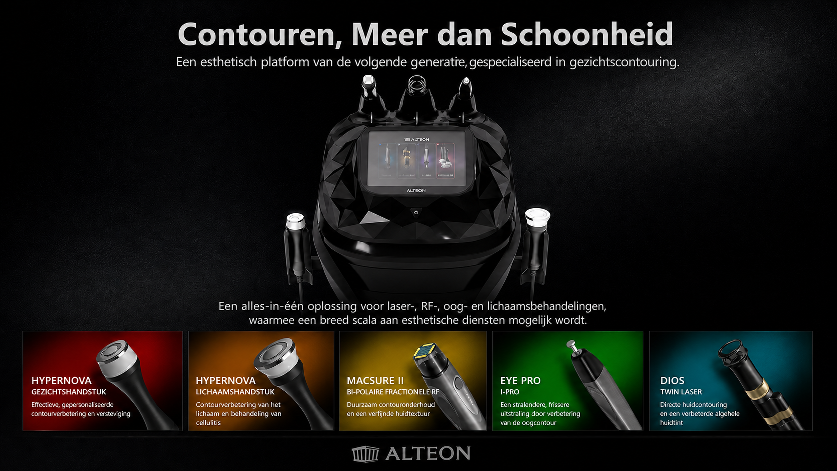ALTÉON product overview showing the device and its five handpieces